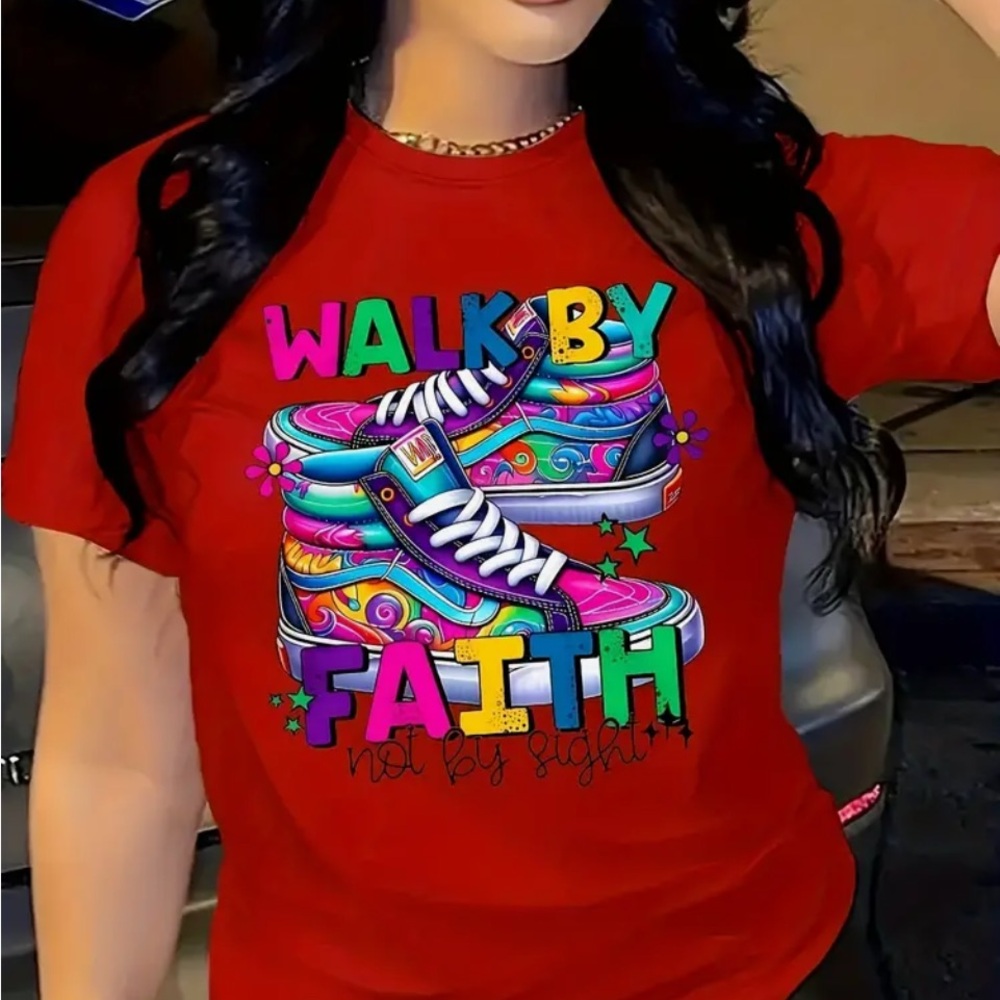 Red WALK BY FAITH Letter & Sneaker Print Crew Neck T-Shirt